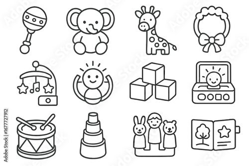 Baby Toy Icons. Line style icons of baby toys and fun: baby rattle, plush elephant, toy giraffe, teething ring, music box,