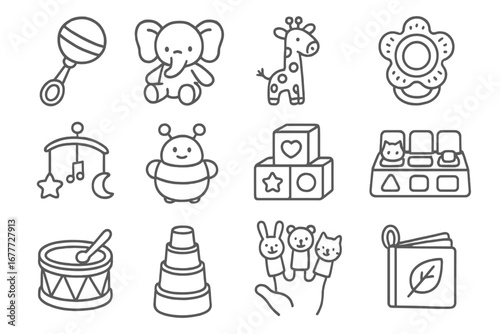Baby Toy Icons. Line style icons of baby toys and fun: baby rattle, plush elephant, toy giraffe, teething ring, music box,