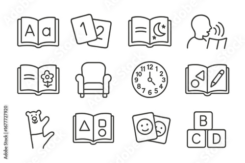 Children's Learning Icons. Line style icons of children’s books and learning: alphabet book, number flashcards, bedtime story,