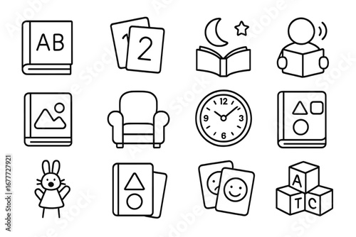 Children's Learning Icons. Line style icons of children’s books and learning: alphabet book, number flashcards, bedtime story,