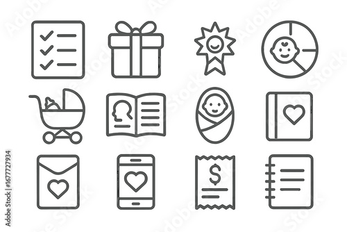 Baby Registry Icons. Line style icons of baby registry and essentials: checklist icon, registry gift box, must-have label, baby