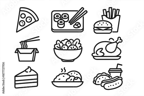 Food Delivery Icons. Line style icons of food delivery meals: pizza slice, sushi set, burger and fries, noodle box, salad bowl,