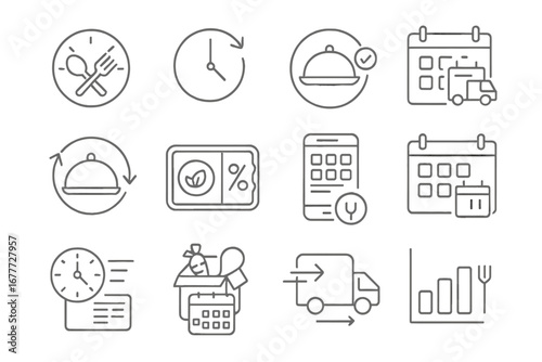 Food Delivery Icons. Line style icons of food delivery scheduling: set delivery time, order later icon, scheduled meals, calendar