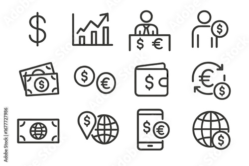 Currency Exchange Icons. Line style icons of foreign currency and exchange: currency symbol, exchange rate chart, forex counter,