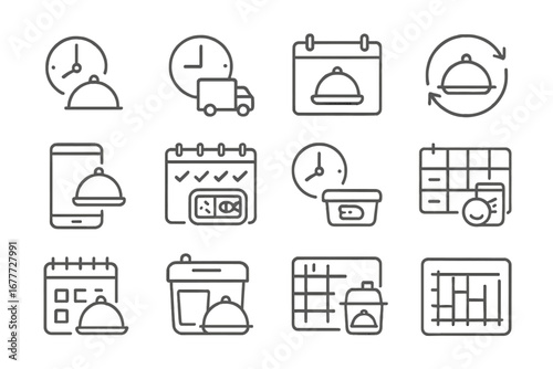Food Delivery Icons. Line style icons of food delivery scheduling: set delivery time, order later icon, scheduled meals, calendar