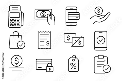 Payment Icons Set. Line style icons of payment and checkout: card reader, cash on delivery, mobile wallet, tip option icon,
