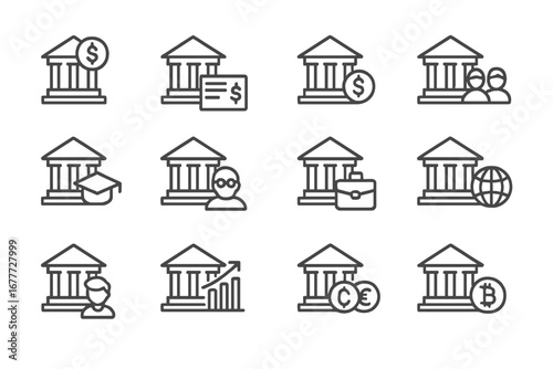 Account Type Icons. Line style icons of account types: savings account, current account, salary account, joint account, student