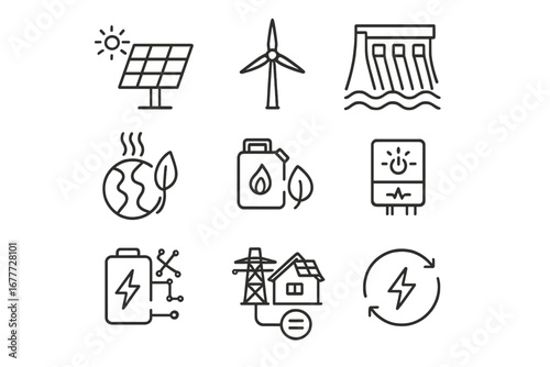 Renewable Energy Icons. Line style icons of renewable energy: solar panel icon, wind turbine, hydroelectric dam, geothermal source