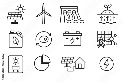 Renewable Energy Icons. Line style icons of renewable energy: solar panel icon, wind turbine, hydroelectric dam, geothermal source