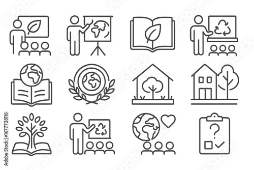 Environmental Education Icons. Line style icons of environmental education: green workshop icon, sustainability training, eco