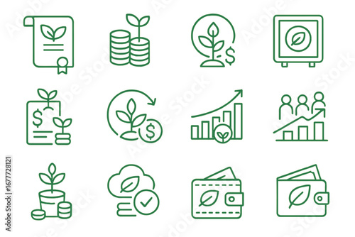 Green Finance Icons. Line style icons of green finance: green bond icon, climate investment, ESG fund, sustainability loan, impact