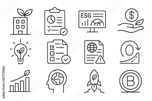 Sustainable Business Icons. Line style icons of sustainable business: green company logo, CSR report icon, ESG dashboard, ethical