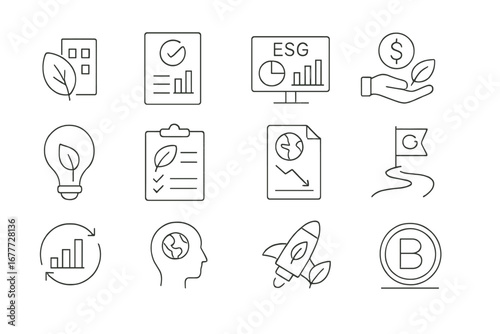 Sustainable Business Icons. Line style icons of sustainable business: green company logo, CSR report icon, ESG dashboard, ethical
