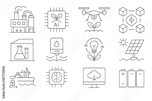 Climate Tech Icons. Line style icons of climate tech solutions: carbon capture unit, green AI chip, smart farming drone, energy