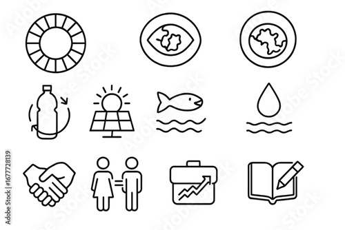 Sustainability Goals Icons. Line style icons of global sustainability goals: SDG wheel, goal 13 icon, climate action badge,
