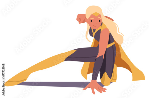 Strong brave woman superhero cartoon character lurking to deliver powerful blow isolated on white