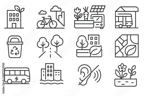 Urban Sustainability Icons. Line style icons of urban sustainability: green building icon, bike-friendly street, community garden