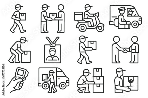 Courier Icons Line Art. Line style icons of courier roles: delivery person walking, package handoff, scooter courier, uniformed