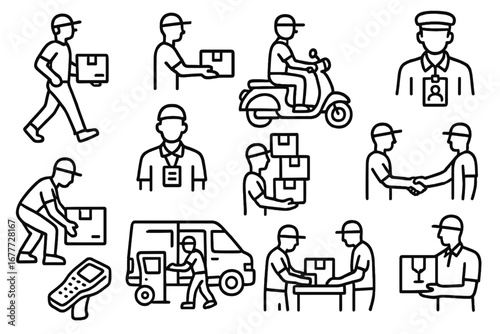 Courier Icons Line Art. Line style icons of courier roles: delivery person walking, package handoff, scooter courier, uniformed