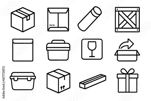Package Icons Line Art. Line style icons of package types: cardboard box, padded envelope, tube mailer, wooden crate, poly mailer,