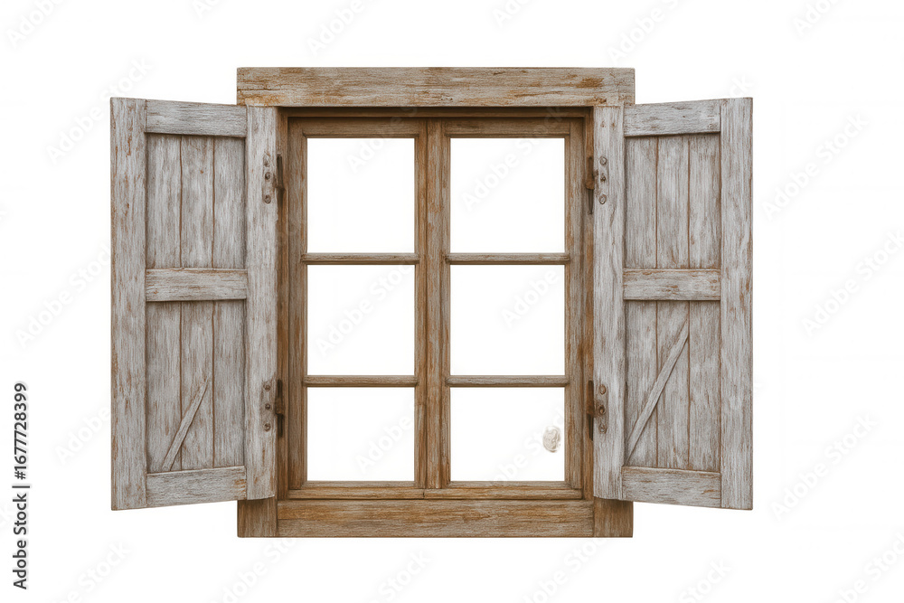 Obraz premium Weathered wooden window frame, open wooden shutters against transparent backdrop, ready for graphic design projects