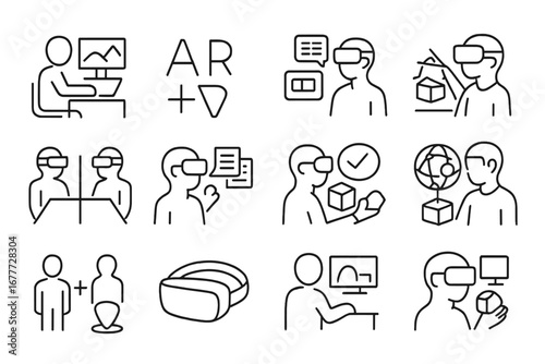 Mixed Reality Icons. Line style icons of mixed reality use: blended workspace view, AR plus VR symbol, virtual monitor setup,