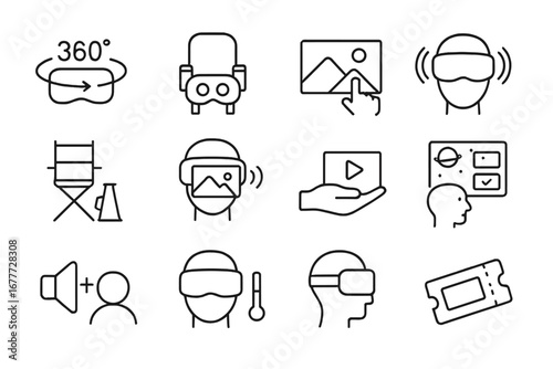 VR Film Icons. Line style icons of VR film and media: 360 video headset icon, virtual cinema seat, interactive film option,