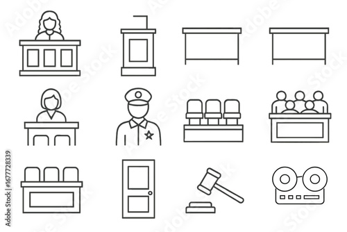 Courtroom Icon Set. Line style icons of courtroom elements: judge bench, witness stand, defense table, prosecution table, court