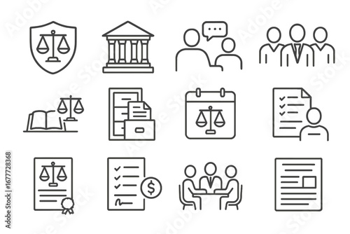Law Firm Essentials. Line style icons of law firm essentials: law firm logo, law firm building, client consultation icon, lawyer