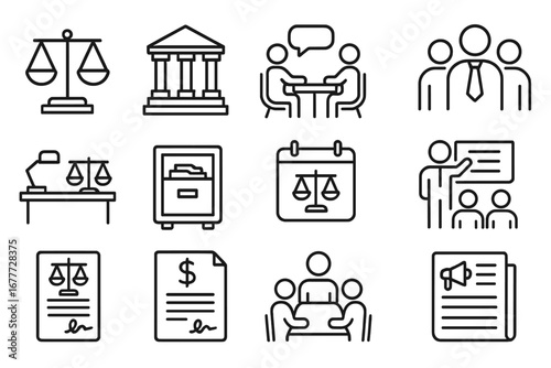Law Firm Essentials. Line style icons of law firm essentials: law firm logo, law firm building, client consultation icon, lawyer