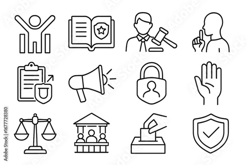 Legal Rights Icons. Line style icons of legal rights: civil rights icon, constitutional rights, right to attorney, right to remain