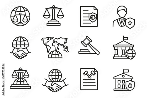 International Legal Icons. Line style icons of legal symbols in international law: UN justice icon, international court symbol,