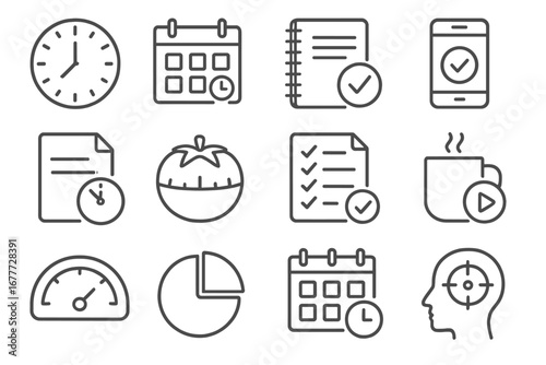 Time Management Icons. Line style icons of time management at work: wall clock, calendar block, daily planner icon, time tracker