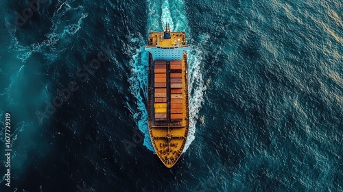Massive cargo ship navigates rough ocean waters, symbolizing global trade and logistics power