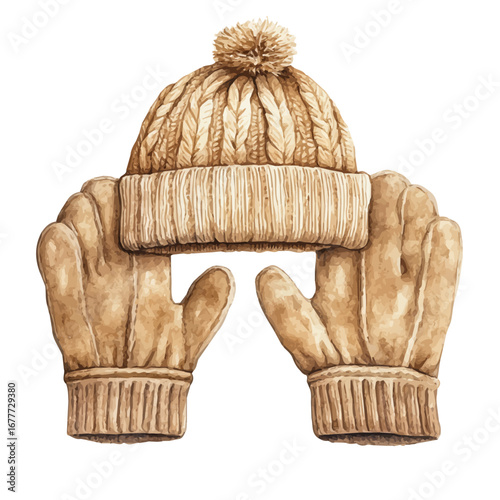 Mittens And Wool Hat, watercolor clipart vector, isolated on a white background.