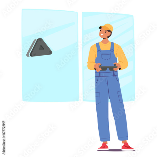 Cleaning service worker cartoon character using modern remote controlled equipment for glass washing