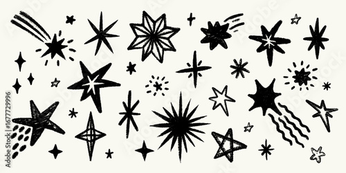 Star comet crayon meteor set with hand drawn doodle texture. Crayon star and comet, meteor with pencil chalk texture Perfect for poster, print, sticker, fabric