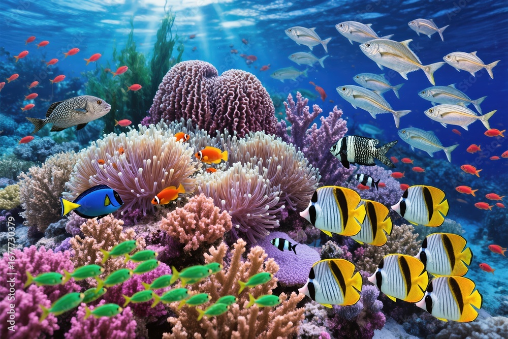 Obraz premium Explore a vibrant coral reef filled with diverse, colorful fish in a tranquil underwater setting with harmony