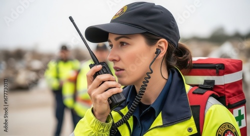 Woman rescue worker using walkie talkie. Caucasian female emergency responder talking on two way radio. Search and rescue team in mountains.