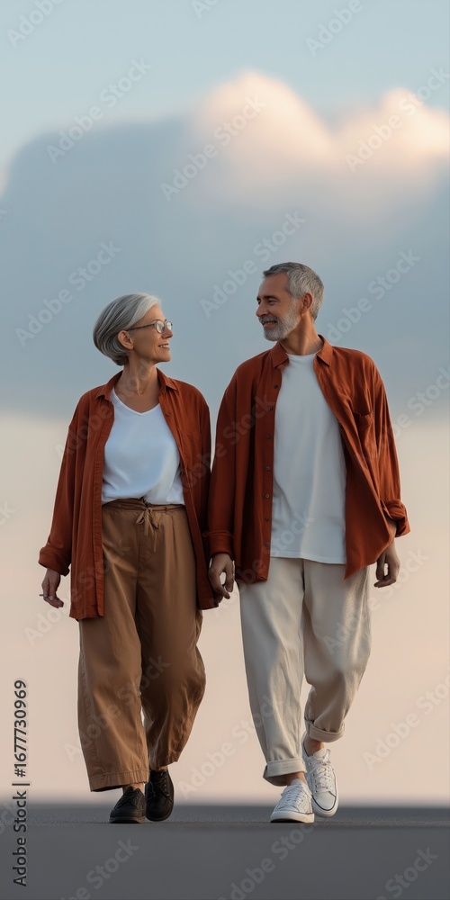 Naklejka premium Elderly caucasian couple enjoying outdoor walk in matching outfits