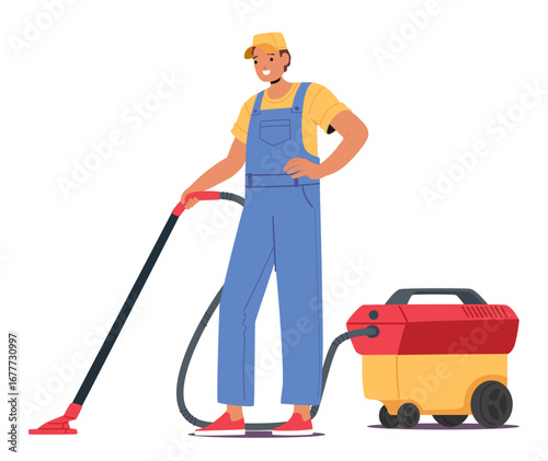 Young man cleaning service worker cartoon character vacuuming floor with professional equipment