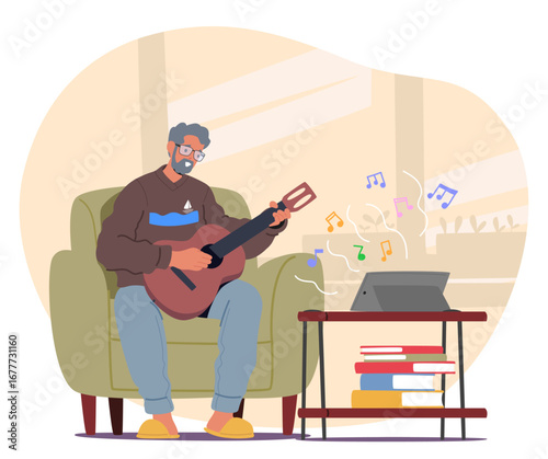 Senior man cartoon character learning playing guitar taking online lesson on laptop computer at home