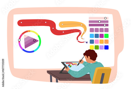 Elementary schoolboy character learning digital art graphic design sitting at desk cartoon scene