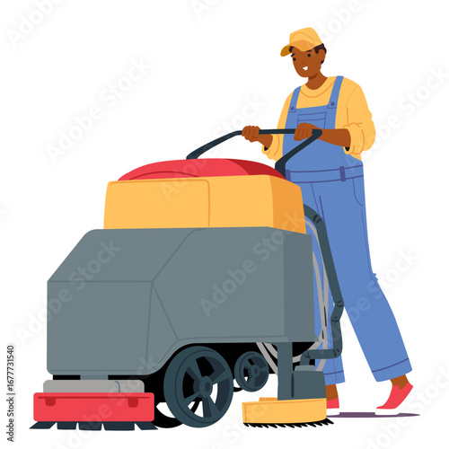 Man cleaning service professional worker cartoon character in uniform working with floor scrubber