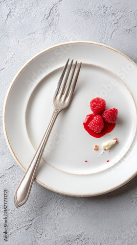 Minimalist dining scene with single bite left on plate featuring fresh raspberries and fork