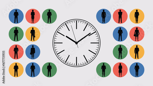 Diverse team members synchronized around a central clock, illustrating business efficiency and collaboration.