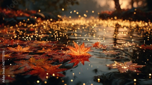   A cluster of foliage afloat atop a tranquil pond adjacent to a lush woodland brimming with verdant arboreal species