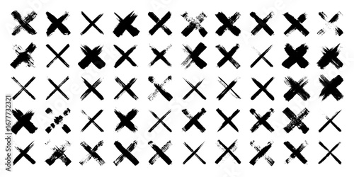 Grunge crosses, brush strokes, x mark, lines, ink smudges, hand-drawn scribble shapes. Handmade sketchy marks, acrylic stains, charcoal streaks. Paint textures, dry brush effect. Vector illustration