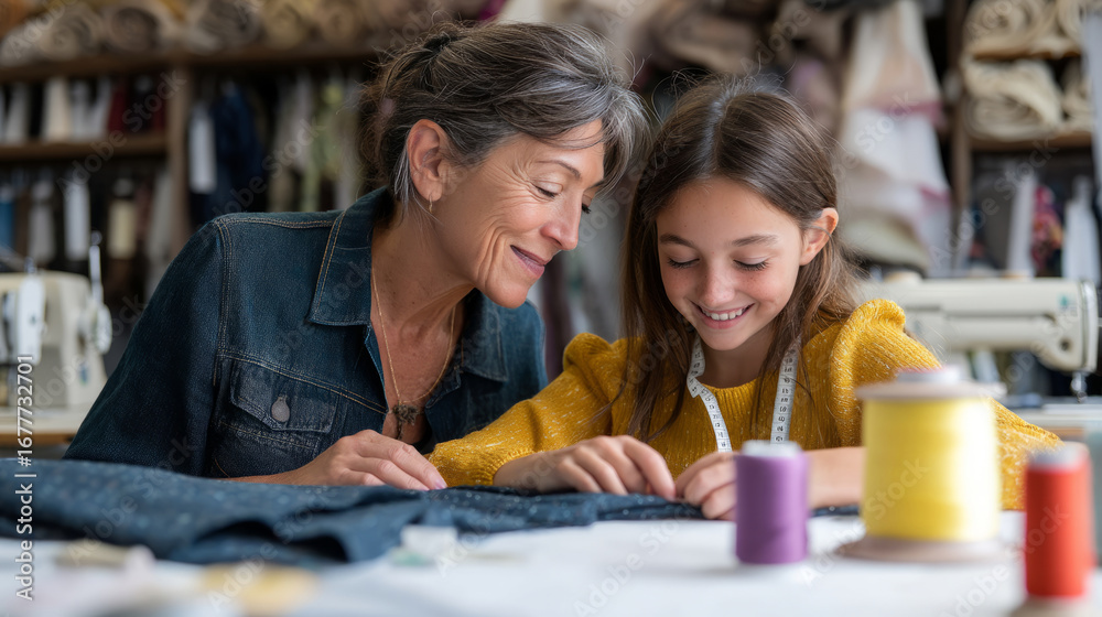 Obraz premium Mother daughter sewing team crafting handmade garment together in workshop setting