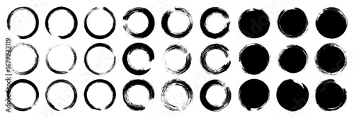 Grunge circles, brush strokes, lines, ink smudges, hand-drawn scribble shapes. Handmade sketchy marks, acrylic stains, charcoal streaks. Paint textures, dry brush effect. Vector illustration